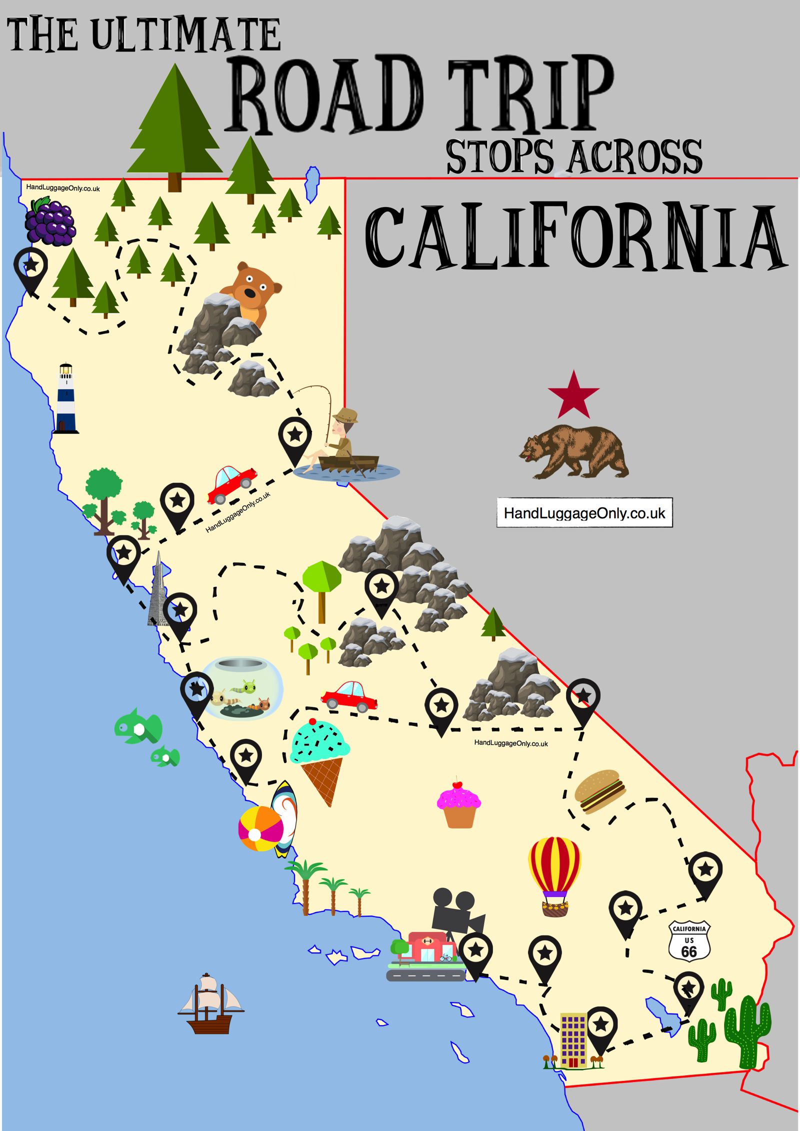 The Ultimate Road Trip Map Of Places To See In California Hand Luggage Only Travel Food